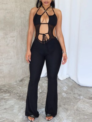 Halter Backless Lace Up Wide Leg Jumpsuits