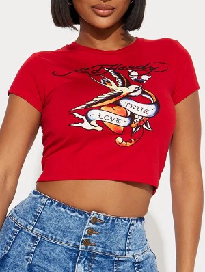 Letter Bird Printed Cropped T-shirts