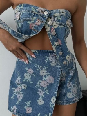 Disty Floral Printing Single Breasted Strapless Denim Skirt Sets