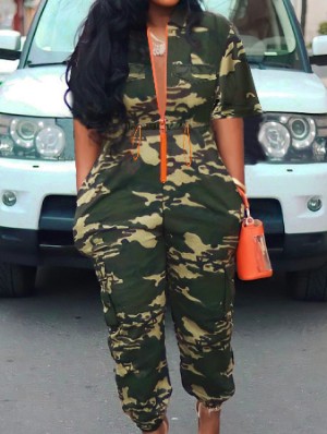 Camouflage Waist Slimming Zipper Jumpsuits