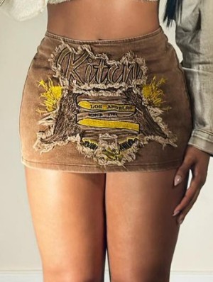 Embroidery Fuzzy Trim Denim Skirts