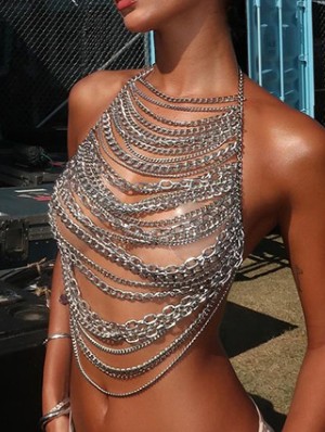 Metal Chain Halter Backless Cropped Tanks