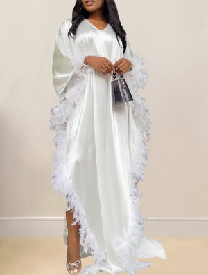 Patchwork Feather High Rise Long Sleeve Maxi Dress