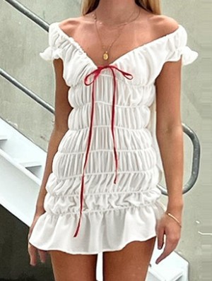Bow Stringy Selvedge Pleated Mini Dress