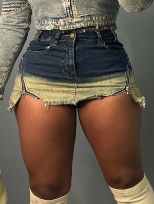 Gradient Colorblock Zipper Denim Shorts