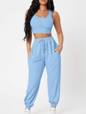 Lace Up Solid Color Sleeveless High Rise Trouser Sets