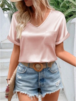 Solid Color Satin Loose T-shirt Top