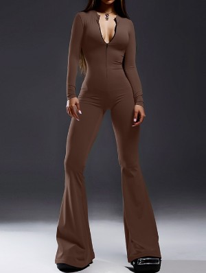 Solid Mid-rise Flared Leg Jumpsuits