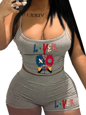 Letter Heart Printed Tanks Shorts Sets