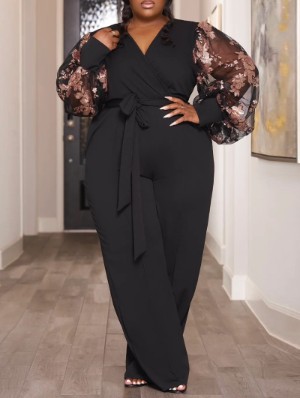 Patchwork Puff Sleeve Wide Leg Jumpsuits