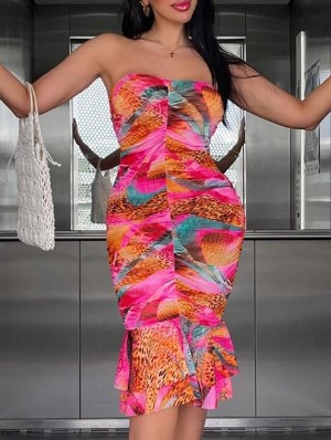 Colorblock Ruched Strapless Mermaid Dress