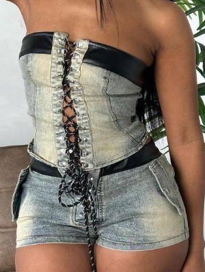 Denim Lace Up Strapless Cropped Shorts Sets