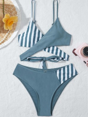 Colorblock Striped Lace-Up Bikinis Sets