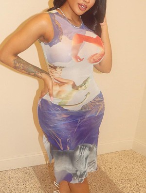 Abstract Printing Bodycon Sleeveless Dress