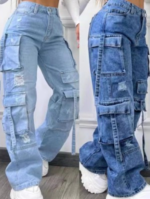 Patchwork High Rise Cargo Jeans