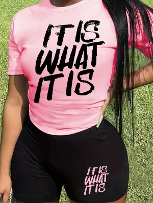 Letter Pattern Crewneck Shorts Sets