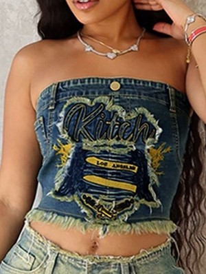 Embroidery Patch Denim Strapless Tanks