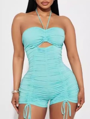 Lace Up Ruched Halter Neck Rompers