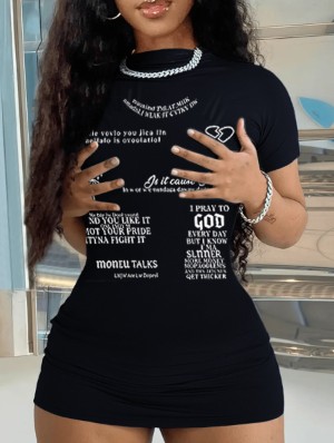 Letter Printed Short Sleeve Mini Dress