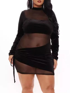 Drawstring Patchwork Bodycon Long Sleeves Dress