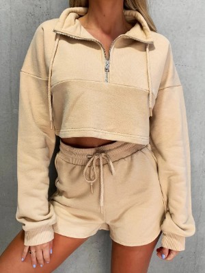 Lapel Cropped Sweatshirt Short Sets