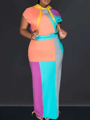 Colorblock High Rise Bodycon Short Sleeve Maxi Dress