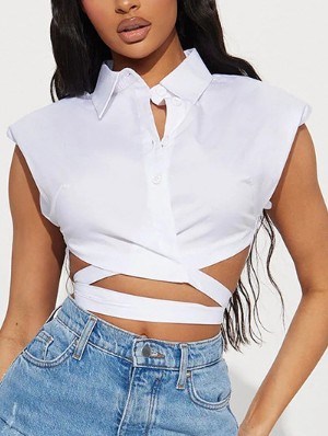 Collar Buckle Lace Up Cropped Shirt