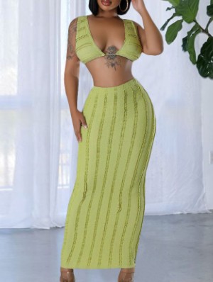 Striped Lacework Cropped Tank Skirt Sets