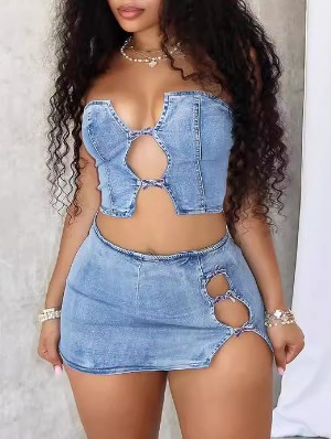 Patchwork Split Hem Strapless Denim Skirt Sets