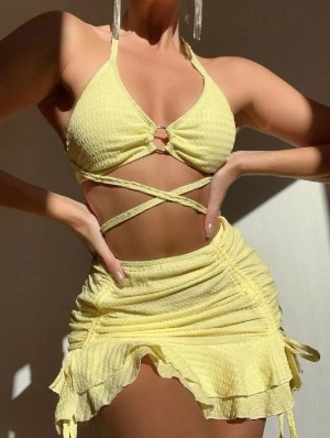 Ruched Ruffle Lace-Up 3-piece Set Bikinis