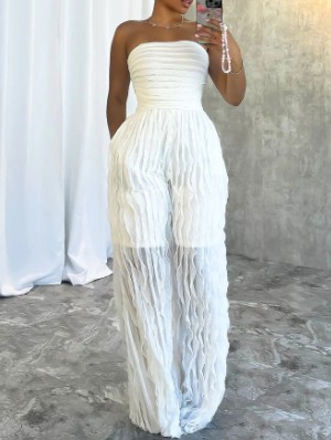 Ruched Wave Strapless Straight Jumpsuits
