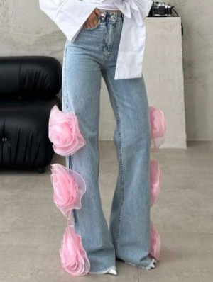 Stereo Flower Patchwork Straight Jeans
