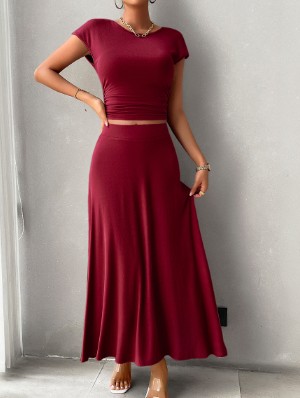 Solid Color High Rise Fitted Skirt Sets