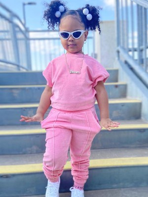 Solid Color Crewneck Cotton Slit Pocket Girl Clothing Sets
