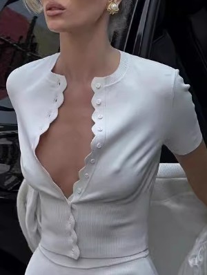 Rippled Edge Single Breasted Short Sleeve Design Tops