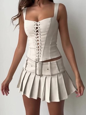 Patchwork Pleated Lace-Up Skirt Sets