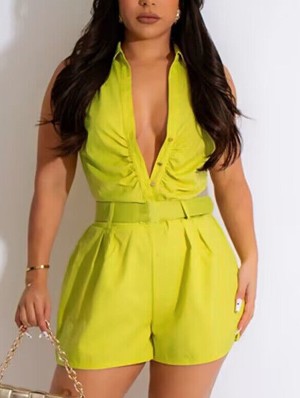 Sleeveless Buckle Collar Bandage Rompers