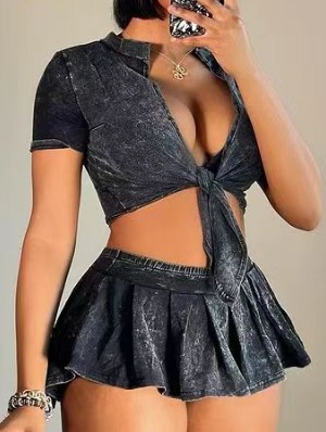 Lace Up Cropped Micro-mini Skirt Sets