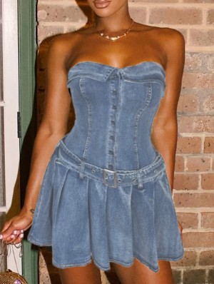 Denim Strapless Lapel Pleated Mini Dress