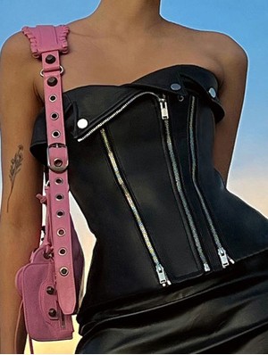 Patchwork Leather Zipper Strapless Tanks Top