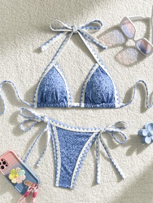Colorblock Lace-Up Backless Bikinis