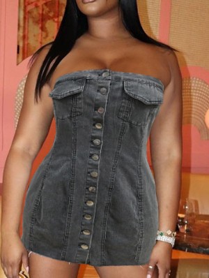 Buckle Denim Fitted Strapless Mini Dress