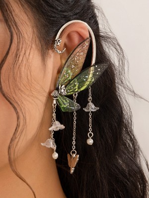 Butterfly Pattern Fringe Mixed Material Annular Earrings