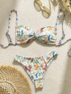 Disty Floral Printing Spaghetti Straps Backless Bikinis