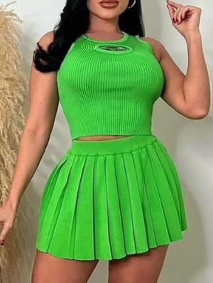 Knitted Hollow Out Cropped Pleated Skirt Sets