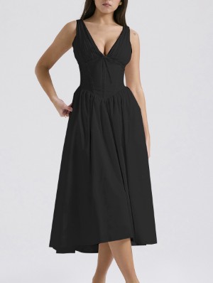 Plain Color High Rise A-line Sleeveless Midi Dresses