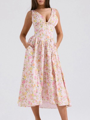 Disty Floral Printing Deep V Neck A-line Sleeveless Dresses