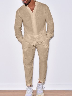 Patchwork V Neck Single Breasted Men's Long Sets