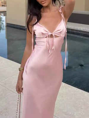 Patchwork Lace-Up Satin Sleeveless Maxi Dresses