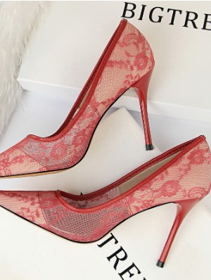 Pure Color Lace Panel Pointed Heels